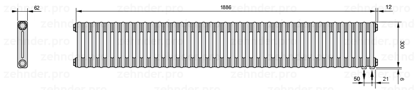 Схема (чертеж) Радиатор Zehnder Charleston 2030/41 №5510 Белый глянцевый RAL 9016